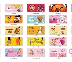 Mosaico de 20 diseños diferentes de plantillas de sublimación para tazas, incluyendo Stitch, Rugrats, Animaniacs, Garfield, Hey Arnold, Mi Bella Genio y Pantera Rosa