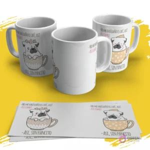 Juego de tazas de sublimación con pug animado en taza de café y frase humorística 'Así, Sin Pancito'