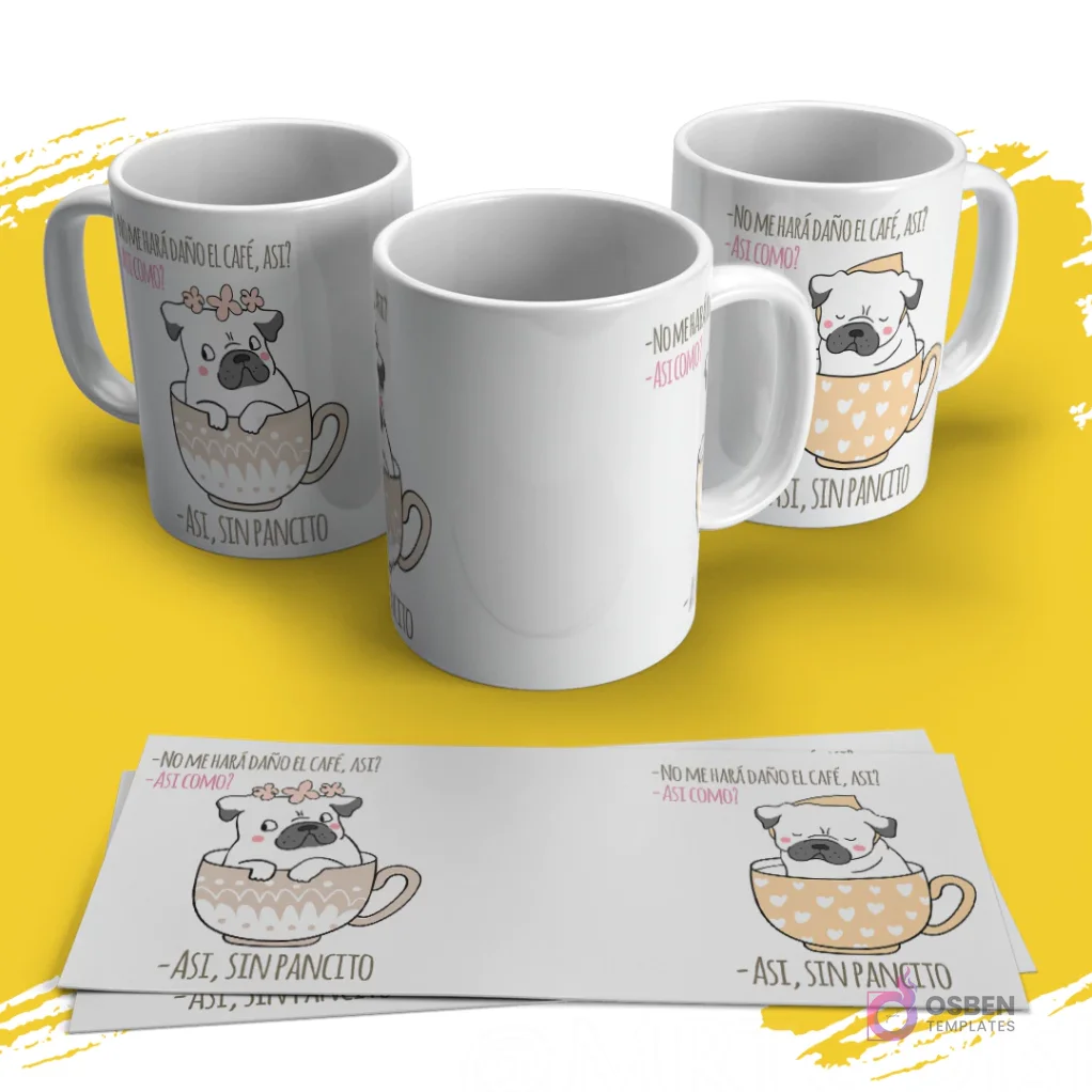 Juego de tazas de sublimación con pug animado en taza de café y frase humorística 'Así, Sin Pancito' Juego de tazas de sublimación con pug animado en taza de café y frase humorística 'Así, Sin Pancito'