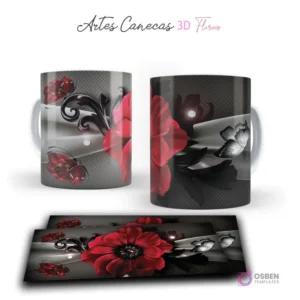 Taza personalizada con flor 3D roja intensa, mariposas sutiles y fondo gris carbón. Vista frontal y plantilla para sublimar.