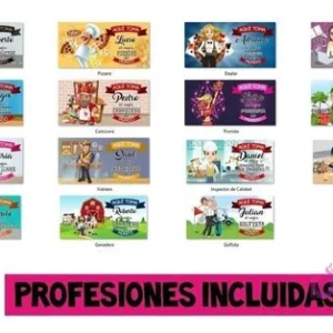 Panel con 15 miniaturas de tazas personalizadas de profesiones, mostrando 'Aquí toma [Nombre] el mejor [Profesión] del mundo' para Constructor, Pizzero, Dealer, Diseñadora Gráfica, Técnico, Carnicero, Porrista, Jardinero, Ama de Llaves, Vidriero, Inspector de Calidad, Bodeguero, Mercaderista, Ganadero y Golfista.