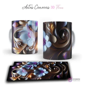 Taza con intrincadas flores 3D azul pálido y oro en un diseño espiralado sobre fondo oscuro. Vista frontal y plantilla para sublimar.