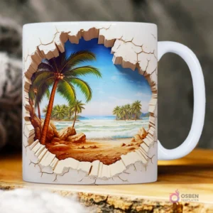 Agujero en la pared con grietas, mostrando una playa tropical con palmeras y olas cristalinas 3D.