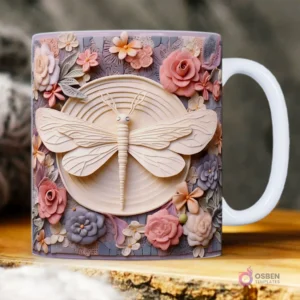 Libélula 3D con cuerpo de papel y alas delicadas, rodeada de flores rosas y lilas texturizadas.