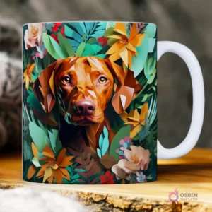 Perro de raza Vizsla con pelaje marrón en un entorno de jungla con hojas y flores 3D exóticas.