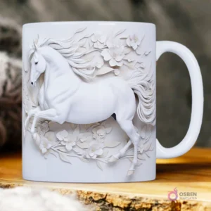 Caballo blanco majestuoso en pleno salto, rodeado de flores blancas 3D con detalles finos.