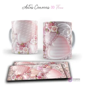 Taza con tiernos corazones y rosas 3D rosadas, con encaje y puntos, en un fondo suave. Vista frontal y plantilla para sublimar.