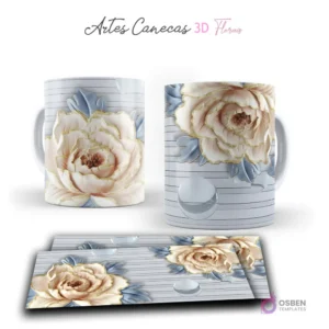 Taza con elegante flor 3D beige-dorada y hojas azules sobre fondo de rayas blancas. Vista frontal y plantilla para sublimar.