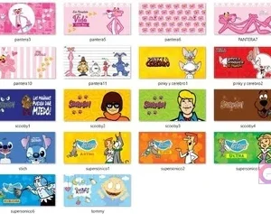 Mosaico de 20 diseños adicionales de plantillas de sublimación para tazas, incluyendo Pantera Rosa, Pinky y Cerebro, Rugrats, Scooby-Doo, Stitch y Los Supersónicos