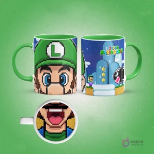 Taza de sublimación de Luigi Bros. pixelado con gorra verde y escena de Super Mario World en el reverso, interior con boca de Luigi, sobre fondo verde claro.