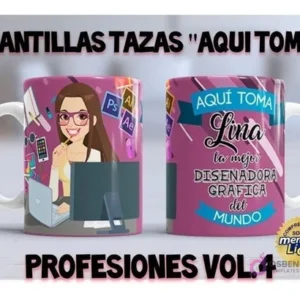 Taza personalizada para 'Lina la mejor Diseñadora Gráfica del mundo', con una diseñadora en su escritorio y elementos de diseño, sobre un fondo morado, con texto 