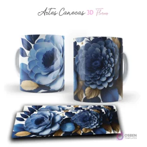 Taza con densas flores 3D azules y hojas doradas, sobre fondo blanco y azul oscuro. Vista frontal y plantilla para sublimar.