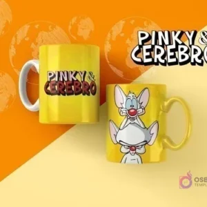 Par de tazas amarillas de sublimación con diseños de Pinky y Cerebro, con los personajes y el logo