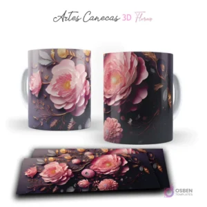 Taza con bellas peonías 3D rosadas y hojas doradas, sobre fondo oscuro texturizado. Vista frontal y plantilla para sublimar.