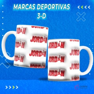 Primer plano de dos tazas sublimadas con el logo Jordan rojo en relieve 3D sobre fondo blanco. Plantilla de sublimación.