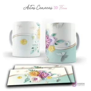 Taza con frescas flores 3D en tonos pastel y mariposas plateadas sobre fondo blanco y menta. Vista frontal y plantilla para sublimar.