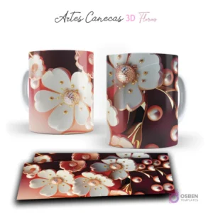 Taza con flores 3D blancas y rojas, perlas doradas y detalles brillantes sobre fondo granate. Vista frontal y plantilla para sublimar.