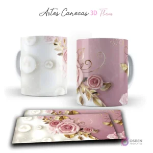 Taza con rosas 3D rosadas, perlas y detalles dorados sobre fondos blanco y rosado. Vista frontal y plantilla para sublimar.