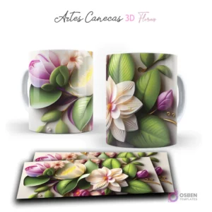 Taza con suaves flores 3D blancas y moradas, hojas verdes, en un estilo fresco y elegante. Vista frontal y plantilla para sublimar.