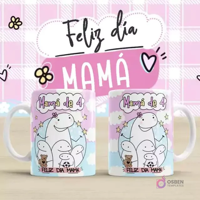 Plantilla para taza Flork Día de la Madre con diseño 'Mamá de 4'. Dos tazas blancas con un gran Flork abrazando a cuatro Florks pequeños, con un osito de peluche y un balón. Texto 'Mamá de 4' y 'Feliz Día Mamá'. Fondo rosa a cuadros con 'Feliz día MAMÁ'. Plantilla para taza Flork Día de la Madre con diseño 'Mamá de 4'. Dos tazas blancas con un gran Flork abrazando a cuatro Florks pequeños, con un osito de peluche y un balón. Texto 'Mamá de 4' y 'Feliz Día Mamá'. Fondo rosa a cuadros con 'Feliz día MAMÁ'.