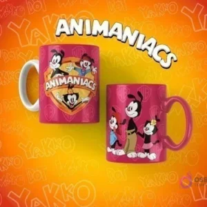 Par de tazas magenta de sublimación con diseños de Animaniacs, mostrando a Yakko, Wakko y Dot