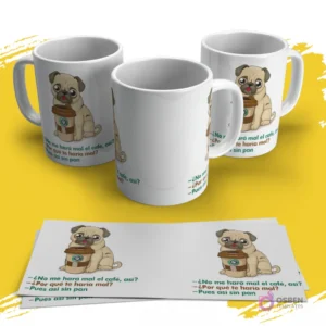 Plantillas de tazas con pug animado sosteniendo un café y diálogo humorístico sobre el pan