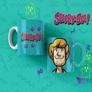 Par de tazas azules turquesa de sublimación con diseños de Scooby-Doo, mostrando a Shaggy y el logo