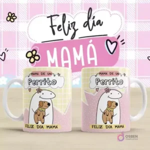 Plantilla para taza Flork Día de la Madre con diseño 'Mamá de un Perrito'. Dos tazas blancas con fondo amarillo a cuadros, mostrando un Flork abrazando un perro marrón. El texto dice 'MAMA DE UN Perrito' y 'Feliz Día Mamá'. Fondo rosa a cuadros con 'Feliz día MAMÁ'.