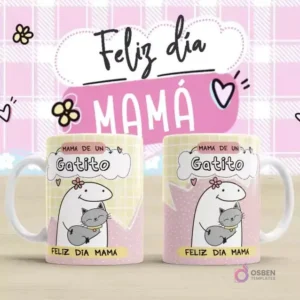 Plantilla para taza Flork Día de la Madre con diseño 'Mamá de un Gatito'. Dos tazas blancas con fondo amarillo a cuadros, mostrando un Flork abrazando un gato gris. El texto dice 'MAMA DE UN Gatito' y 'Feliz Día Mamá'. Fondo rosa a cuadros con 'Feliz día MAMÁ'.