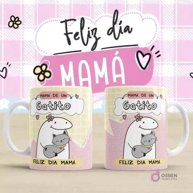 Plantilla para taza Flork Día de la Madre con diseño 'Mamá de un Gatito'. Dos tazas blancas con fondo amarillo a cuadros, mostrando un Flork abrazando un gato gris. El texto dice 'MAMA DE UN Gatito' y 'Feliz Día Mamá'. Fondo rosa a cuadros con 'Feliz día MAMÁ'. Plantilla para taza Flork Día de la Madre con diseño 'Mamá de un Gatito'. Dos tazas blancas con fondo amarillo a cuadros, mostrando un Flork abrazando un gato gris. El texto dice 'MAMA DE UN Gatito' y 'Feliz Día Mamá'. Fondo rosa a cuadros con 'Feliz día MAMÁ'.