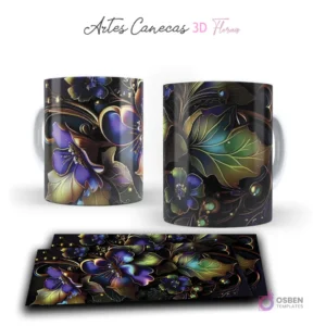 Taza con diseño 3D de flores exóticas en tonos morados, verdes y dorados sobre fondo oscuro. Vista frontal y plantilla para sublimar.
