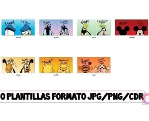 Colección de 10 diseños de sublimación de personajes Disney: Daisy, Donald, Pooh, Tigger, Mickey, Minnie, Goofy, Pluto, Piglet, mostrando formatos JPG, PNG, CDR.