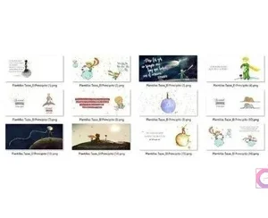 Mosaico de 20 miniaturas de diferentes diseños de tazas de El Principito con varias escenas, personajes y citas inspiradoras, incluyendo un mockup de sublimación.