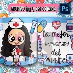 Taza de sublimación con diseño de enfermera caricatura de cabello oscuro sonriente con uniforme rosa, sosteniendo un corazón, sobre fondo azul de iconos médicos y texto 'La mejor enfermera del mundo'.