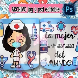 Taza de sublimación con diseño de enfermera caricatura de cabello oscuro usando mascarilla, sosteniendo un portapapeles, sobre fondo azul de iconos médicos y texto 'La mejor enfermera del mundo'.