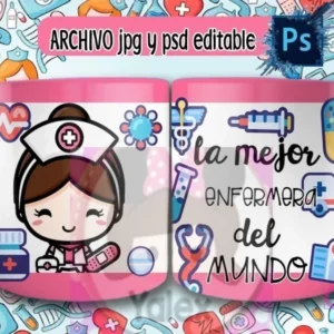 Taza de sublimación con diseño de enfermera caricatura de cabello oscuro recogido con uniforme rosa, sobre fondo rosa de iconos médicos y texto 'La mejor enfermera del mundo'.