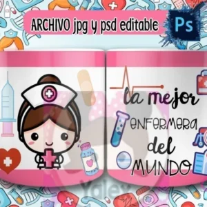 Taza de sublimación con diseño de enfermera caricatura de cabello oscuro recogido, sosteniendo un corazón rojo, sobre fondo rosa de iconos médicos y texto 'La mejor enfermera del mundo'.