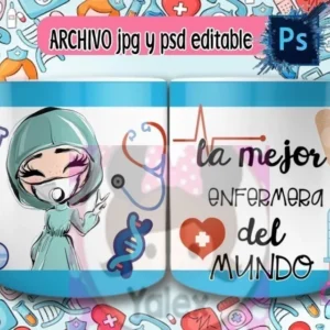 Taza de sublimación con diseño de enfermera ilustrada con gorro quirúrgico verde y mascarilla, sosteniendo un tubo de ensayo, sobre fondo azul de iconos médicos y texto 'La mejor enfermera del mundo'.