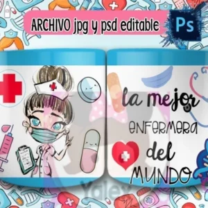 Taza de sublimación con diseño de enfermera ilustrada de cabello rizado oscuro con mascarilla y portapapeles, sobre fondo azul de iconos médicos y texto 'La mejor enfermera del mundo'.