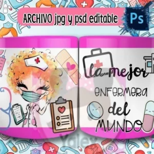 Taza de sublimación con diseño de enfermera caricatura de cabello rizado naranja usando mascarilla, sosteniendo portapapeles, sobre fondo rosa de iconos médicos y texto 'La mejor enfermera del mundo'.