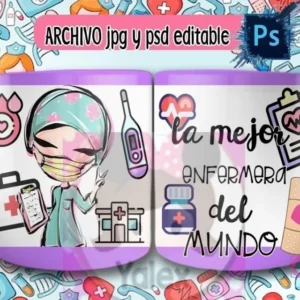 Taza de sublimación con diseño de enfermera caricatura con gorro quirúrgico y mascarilla, sosteniendo un maletín médico, sobre fondo morado de iconos médicos y texto 'La mejor enfermera del mundo'.