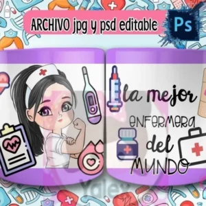 Taza de sublimación con diseño de enfermera caricatura de cabello oscuro con cola, mostrando fuerza y sosteniendo portapapeles, sobre fondo morado de iconos médicos y texto 'La mejor enfermera del mundo'.