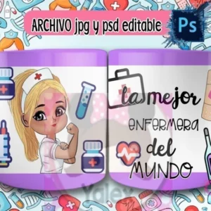 Taza de sublimación con diseño de enfermera caricatura de cabello rubio con cola, mostrando fuerza y sosteniendo un frasco de pastillas, sobre fondo morado de iconos médicos y texto 'La mejor enfermera del mundo'.