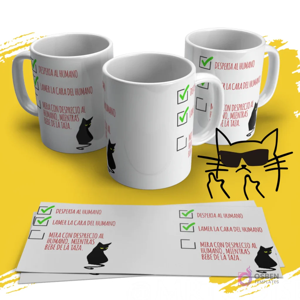 Mockup de taza blanca con diseño de gato negro con checklist 'Despierta al humano', 'Lamer la cara del humano', 'Mira con desprecio al humano, mientras bebe de la taza'. Vista de tres tazas con la plantilla extendida al frente sobre fondo amarillo. Mockup de taza blanca con diseño de gato negro con checklist 'Despierta al humano', 'Lamer la cara del humano', 'Mira con desprecio al humano, mientras bebe de la taza'. Vista de tres tazas con la plantilla extendida al frente sobre fondo amarillo.