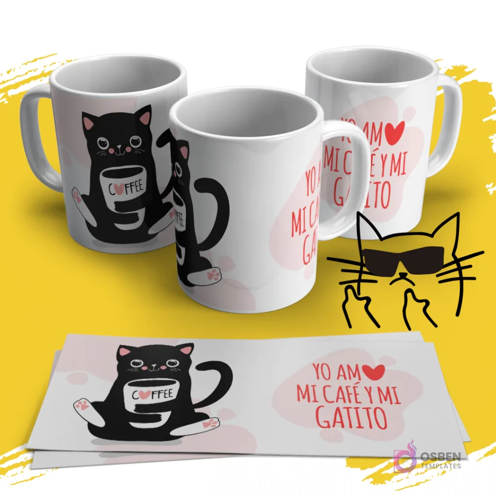 Mockup de taza blanca con diseño de gato negro bebiendo café, con la frase 'Yo amo mi café y mi gatito' en rosa y detalles de corazones. Vista de tres tazas con la plantilla extendida al frente sobre fondo amarillo. Mockup de taza blanca con diseño de gato negro bebiendo café, con la frase 'Yo amo mi café y mi gatito' en rosa y detalles de corazones. Vista de tres tazas con la plantilla extendida al frente sobre fondo amarillo.