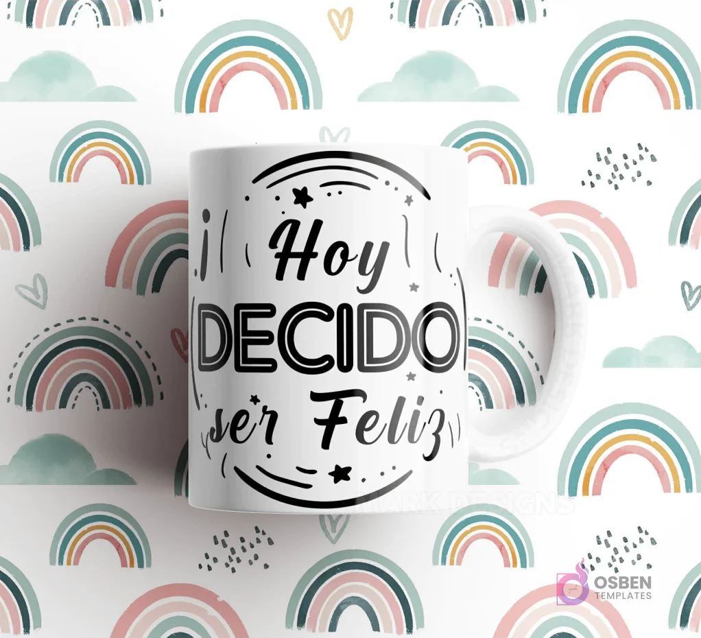 Taza blanca con frase 'Hoy DECIDO ser Feliz' con estrellas y líneas abstractas en negro, sobre fondo de arcoíris. Taza blanca con frase 'Hoy DECIDO ser Feliz' con estrellas y líneas abstractas en negro, sobre fondo de arcoíris.