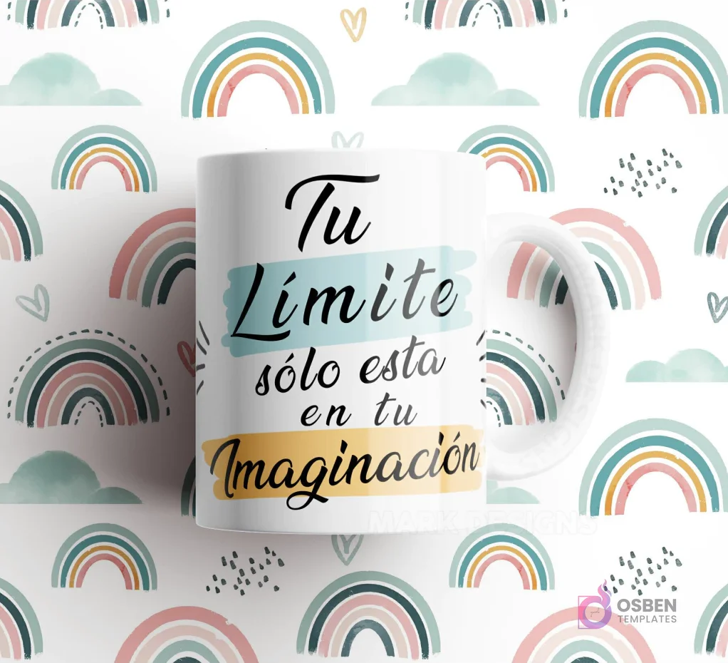 Taza blanca con frase 'Tu Límite sólo está en tu Imaginación' con detalles de pinceladas azules y amarillas, sobre fondo de arcoíris pastel. Taza blanca con frase 'Tu Límite sólo está en tu Imaginación' con detalles de pinceladas azules y amarillas, sobre fondo de arcoíris pastel.