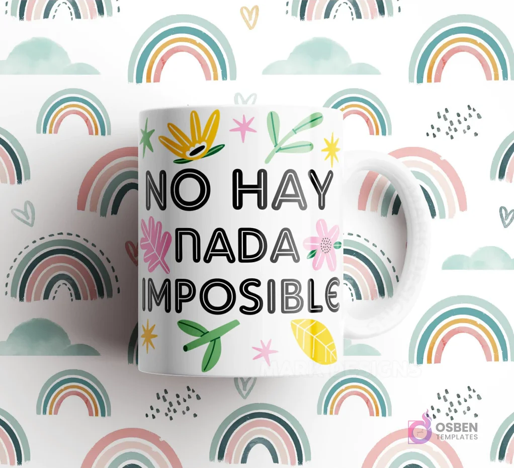Taza blanca con frase 'NO HAY NADA IMPOSIBLE' con formas geométricas y detalles florales, sobre fondo de arcoíris. Taza blanca con frase 'NO HAY NADA IMPOSIBLE' con formas geométricas y detalles florales, sobre fondo de arcoíris.