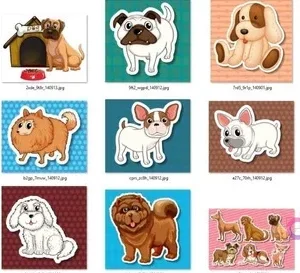 Miniaturas de diseños individuales de perros de diferentes razas, incluyendo Golden Retriever, Pug, Pomerania, French Bulldog y Chihuahua, algunos con casa de perro, en formato sticker