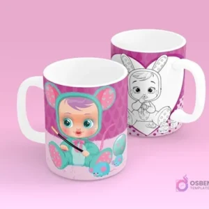 Tazas sublimadas infantiles con diseño de Cry Baby a color y versión para colorear, ideal para niños